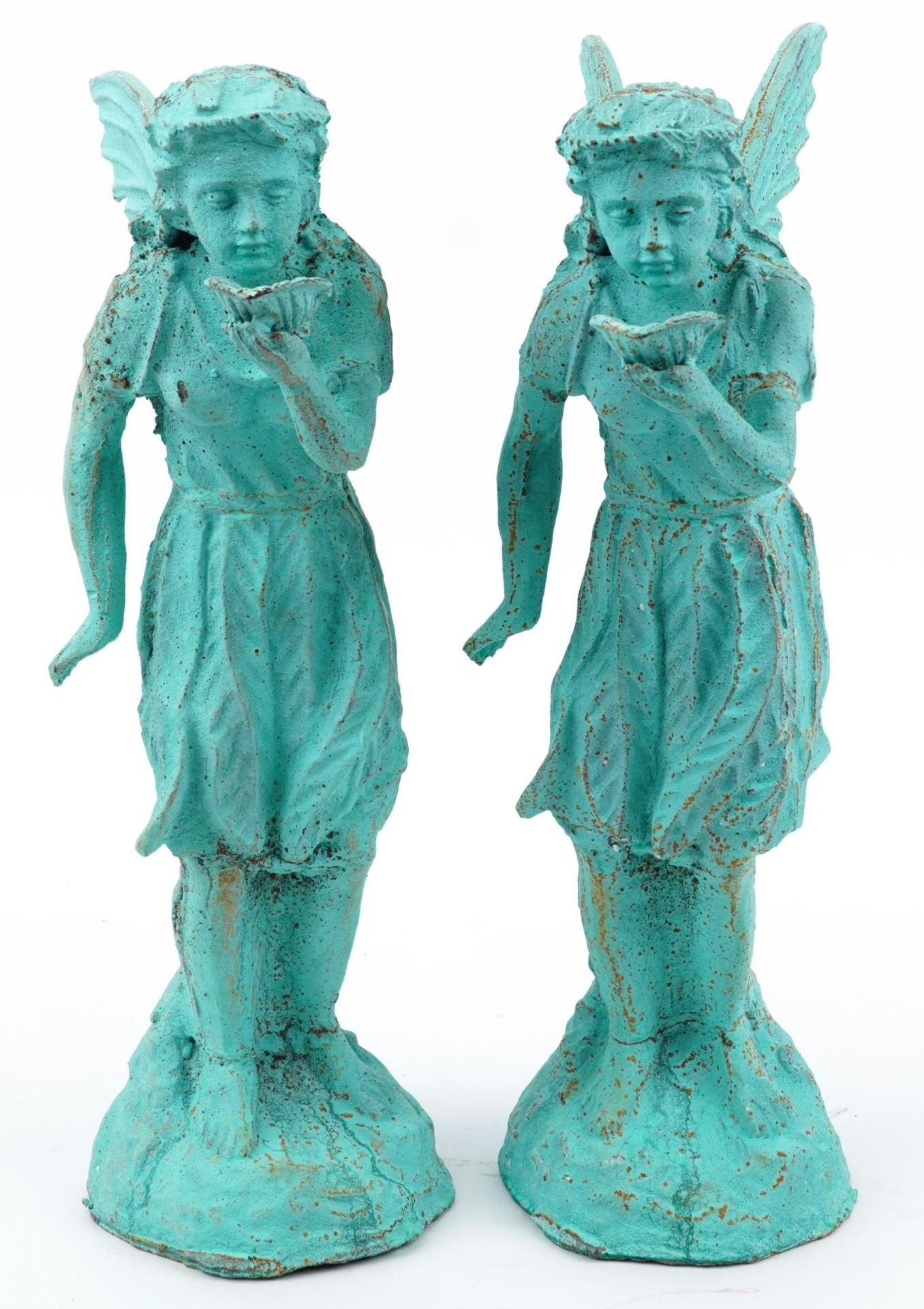 Pair of painted cast iron garden fairies, 48cm high : For further information on this lot please
