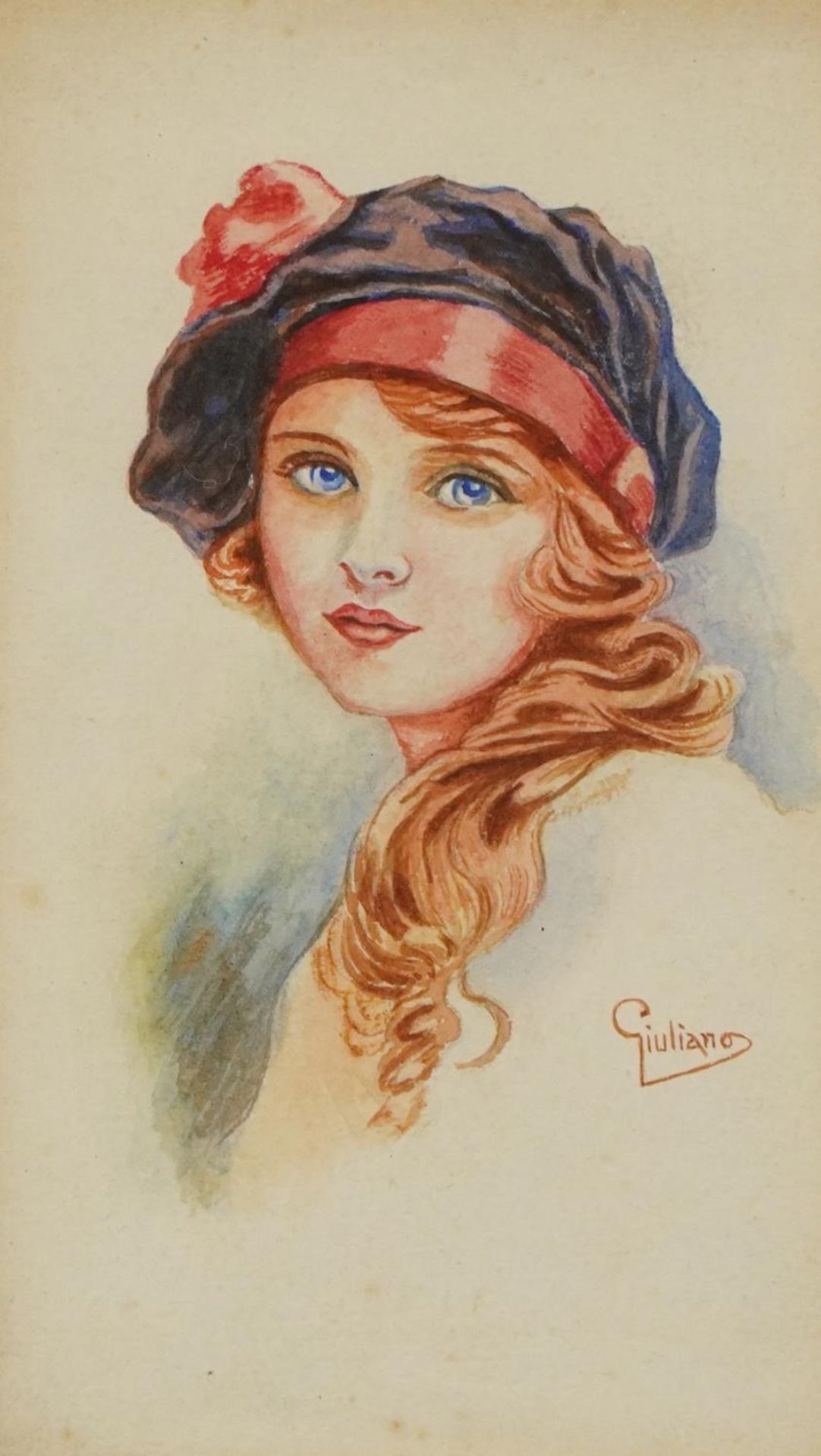 Jiuliano - Art Nouveau females wearing hats, pair of Italian watercolours, mounted and framed as - Bild 3 aus 7