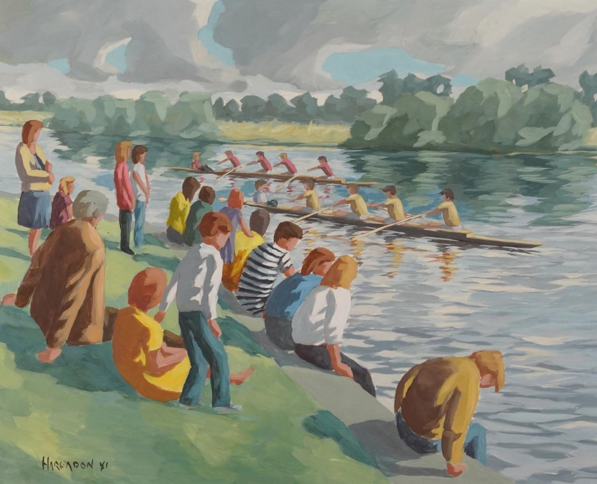 Sean Hargadon '81- Regatta on the Shannon, 1980s oil on board, mounted and framed, 62cm x 49.5cm