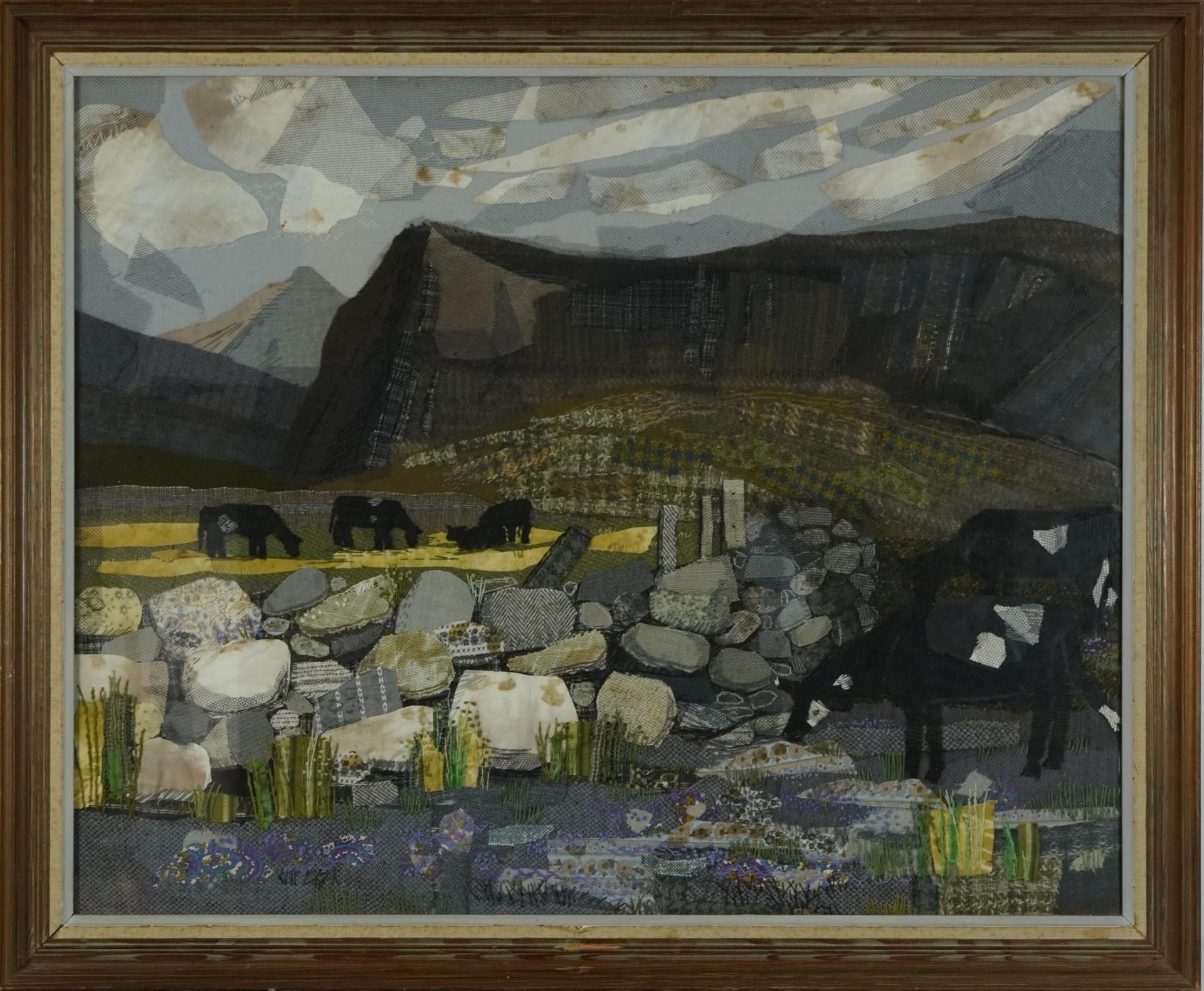Juliet Wheeler - Welsh mountains, fabric collage numbered 6472 to the reverse, mounted, framed and - Image 2 of 3
