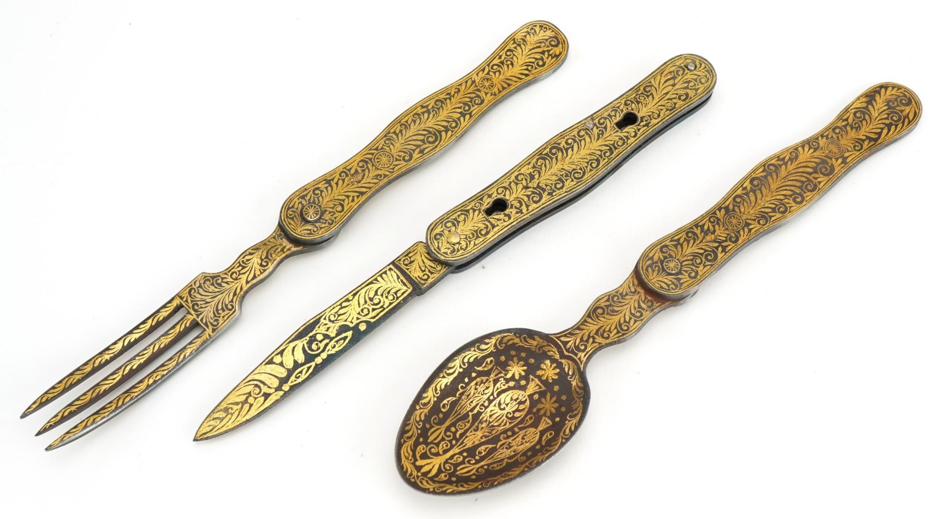 Turkish Ottoman gold damascene hunting folding cutlery comprising fork, knife and spoon, the largest