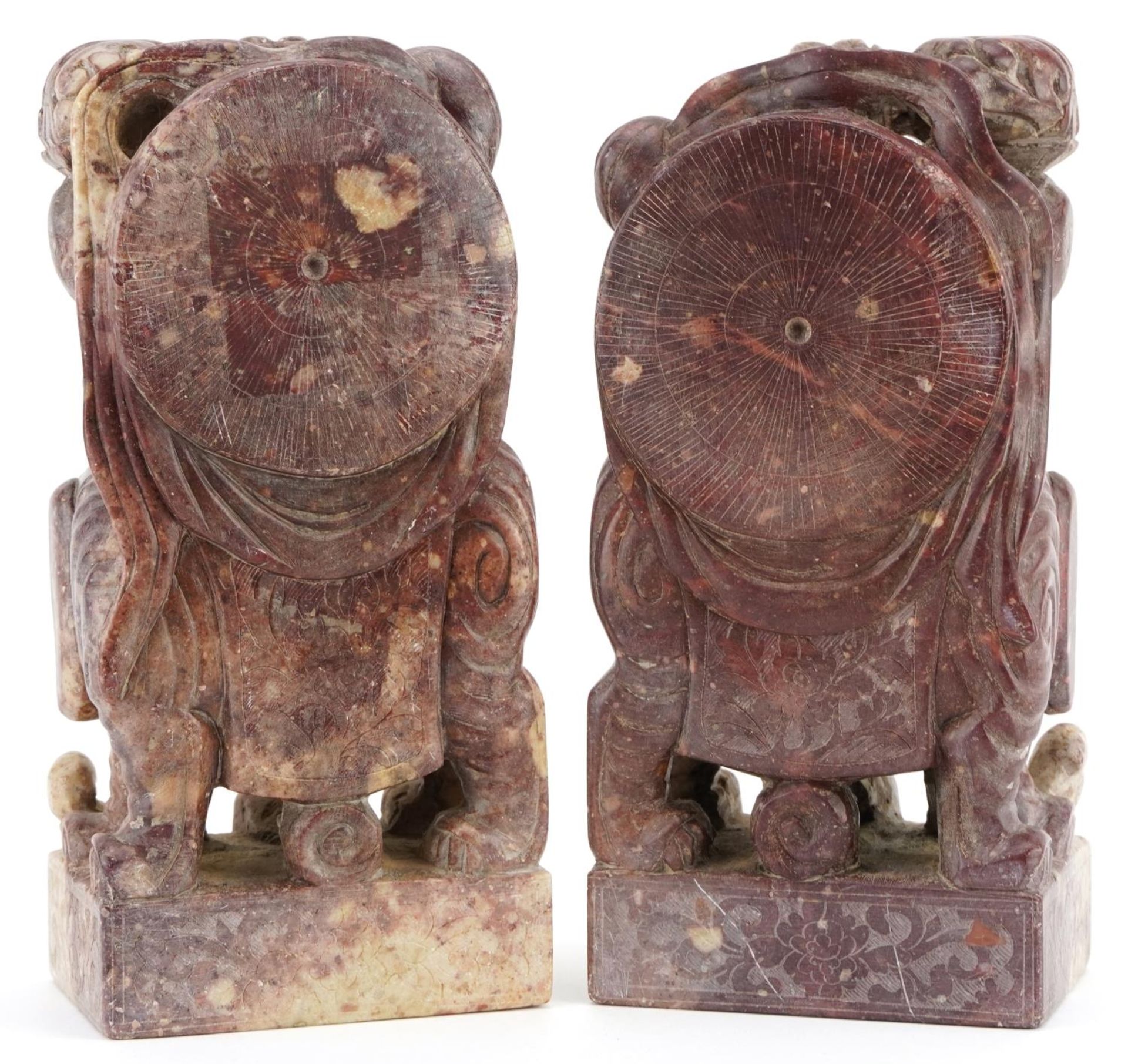 Good pair of Chinese soapstone bookends, each finely carved with a Guanyin on an elephant and - Image 2 of 3