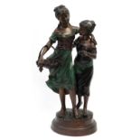 After Claire Colinet, floor standing cold painted bronze figure group of two young girls holding