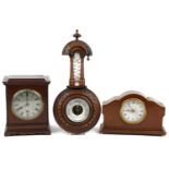 Two mahogany cased mantle clocks and a carved oak wall hanging barometer including Edward of