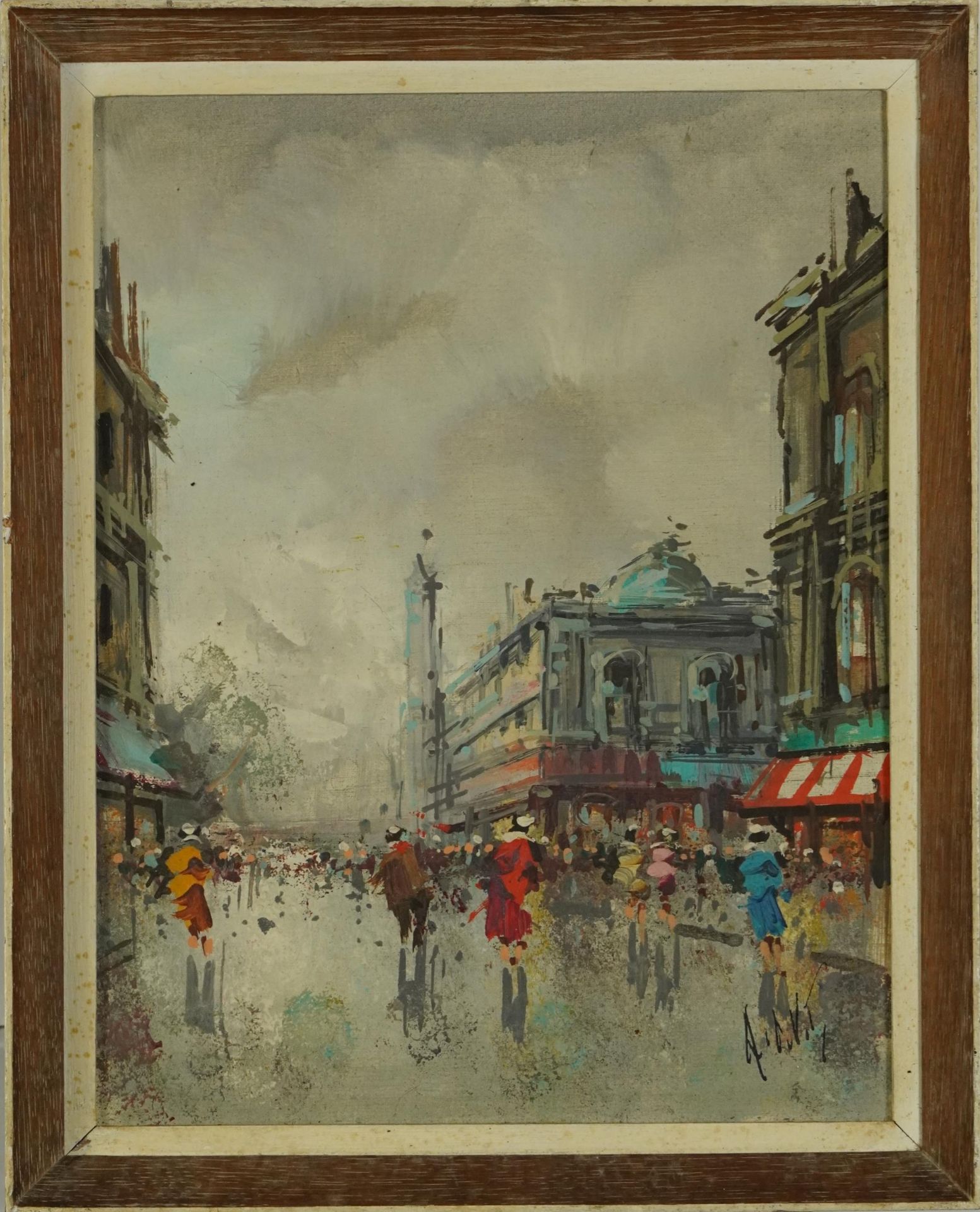 Busy Parisian street scene, oil on board, The Dawson Gallery, Dublin label verso, mounted and - Bild 2 aus 4