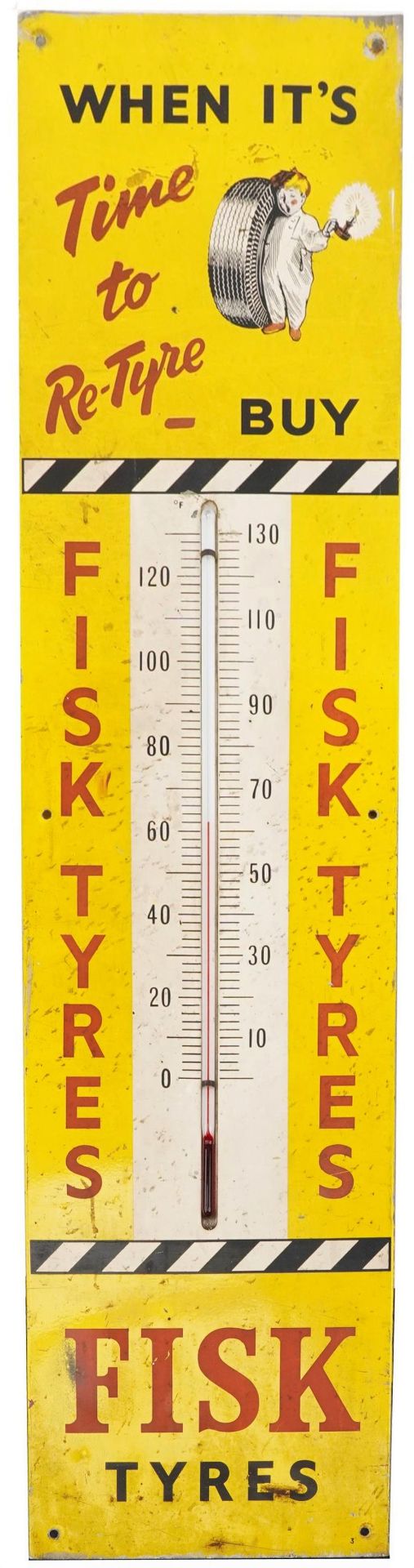 Vintage Fisk Tyres enamel advertising sign with thermometer, 112cm high x 28cm wide : For further