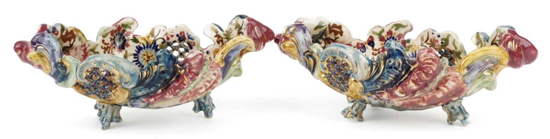 Zsolnay Pecs, pair of Hungarian piece shell shaped baskets hand painted with flowers, each stamped - Image 3 of 5