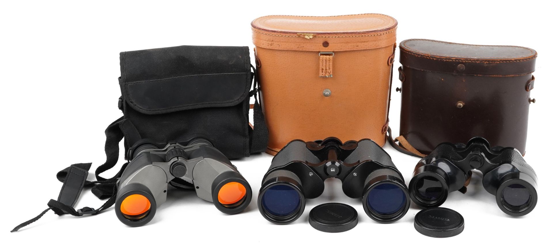 Three pairs of binoculars with cases comprising Ross of London Solaross 9 x 35, Gardman 8 x 40 WA