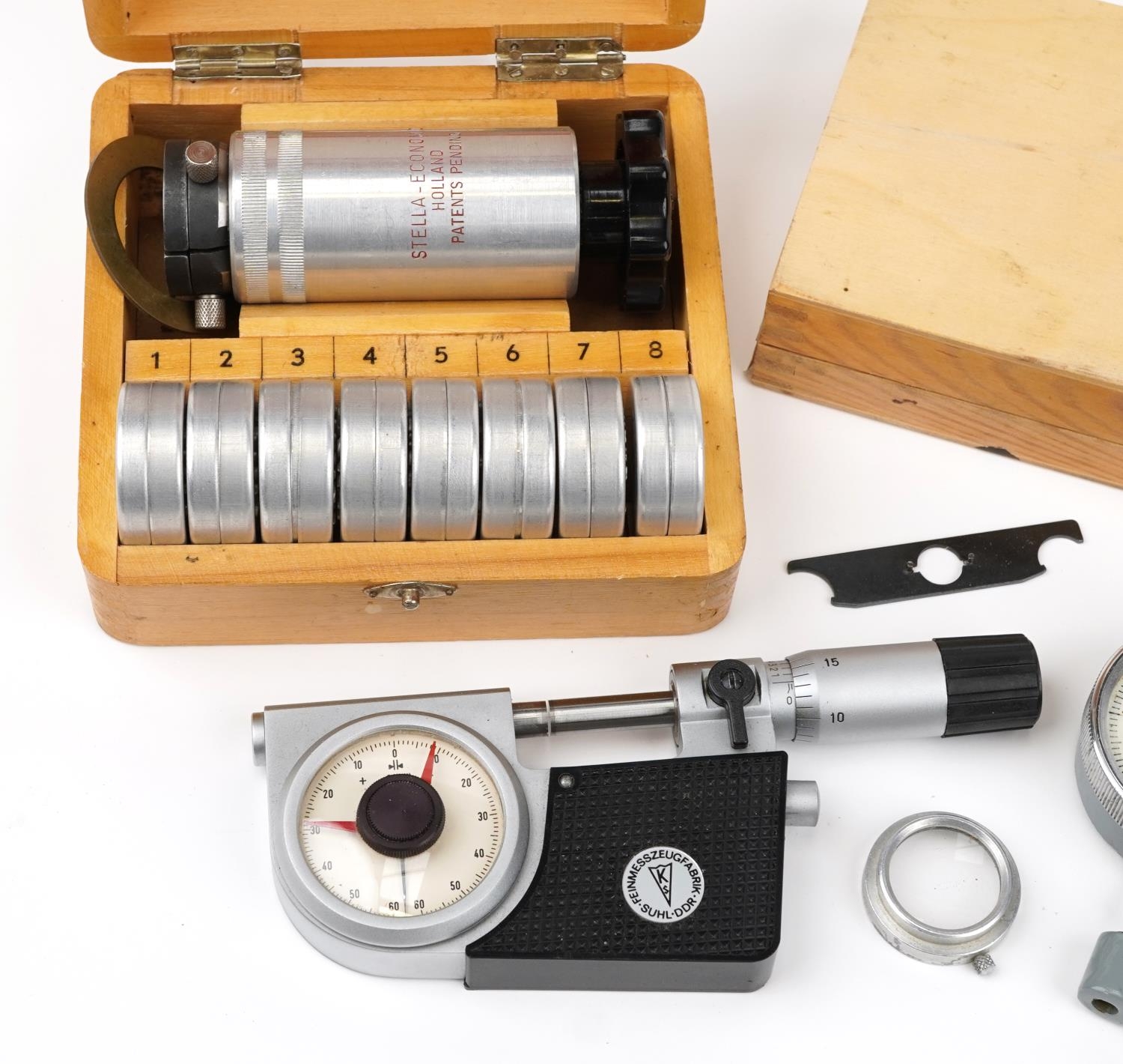 Vintage watchmaker's tools comprising Stella Economic watch crystal glass remover and two gauges - Image 2 of 4