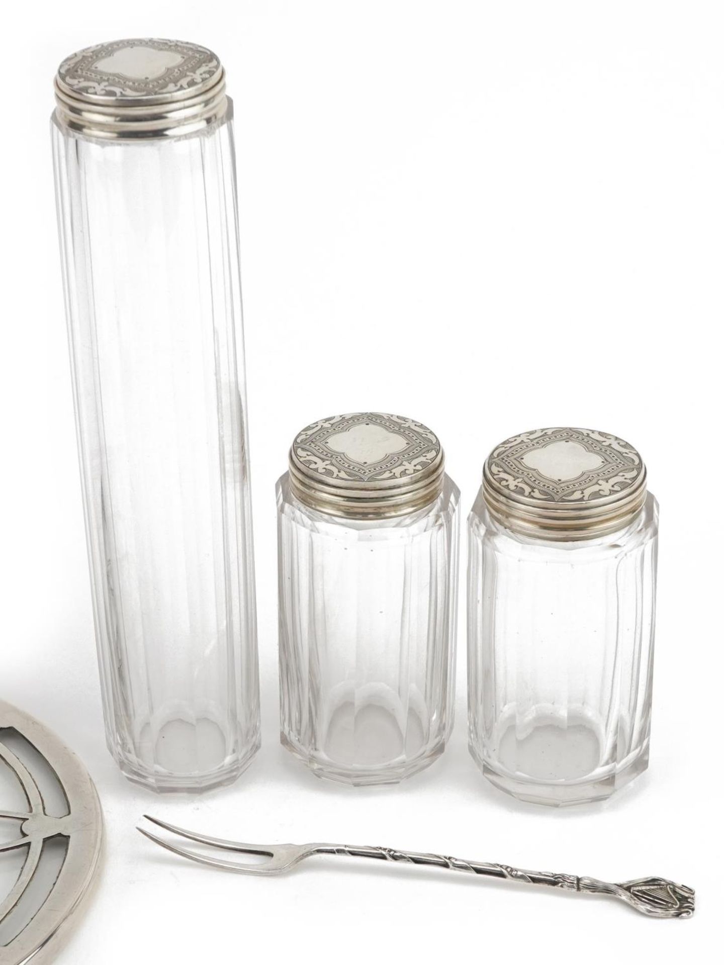 Three Victorian cut glass jars with silver lids, silver overlaid glass coaster and a silver fork, - Image 3 of 5