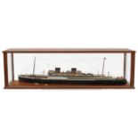 Hand painted scratch built model of an ocean liner housed in a glazed oak display case, overall 64cm