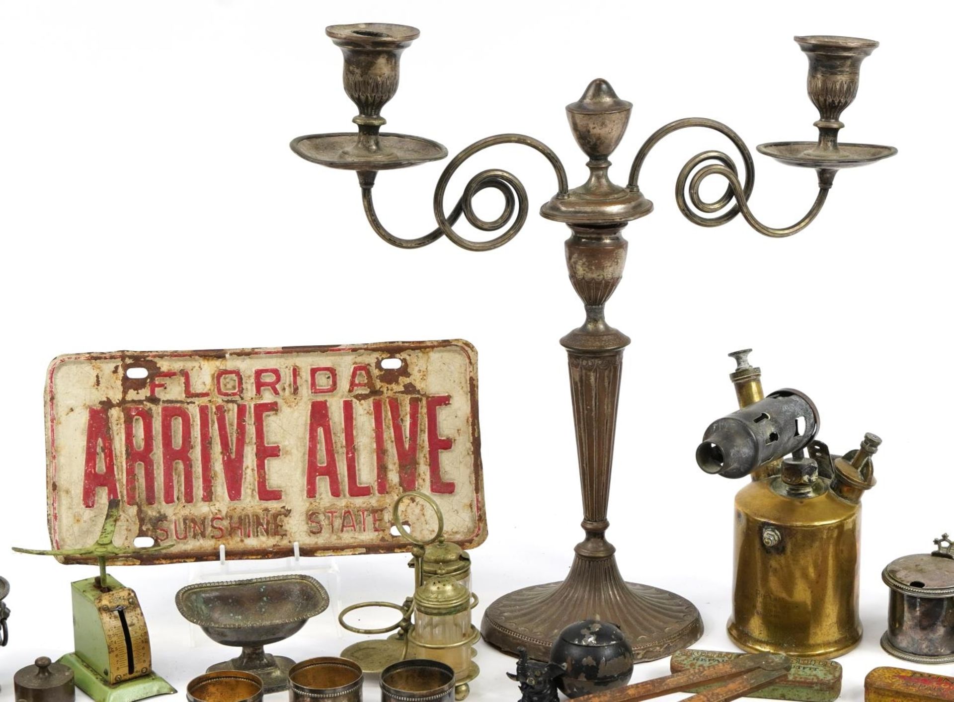 Antique and later metalware including silver plated three branch candelabra, enamelled signs, - Image 2 of 4