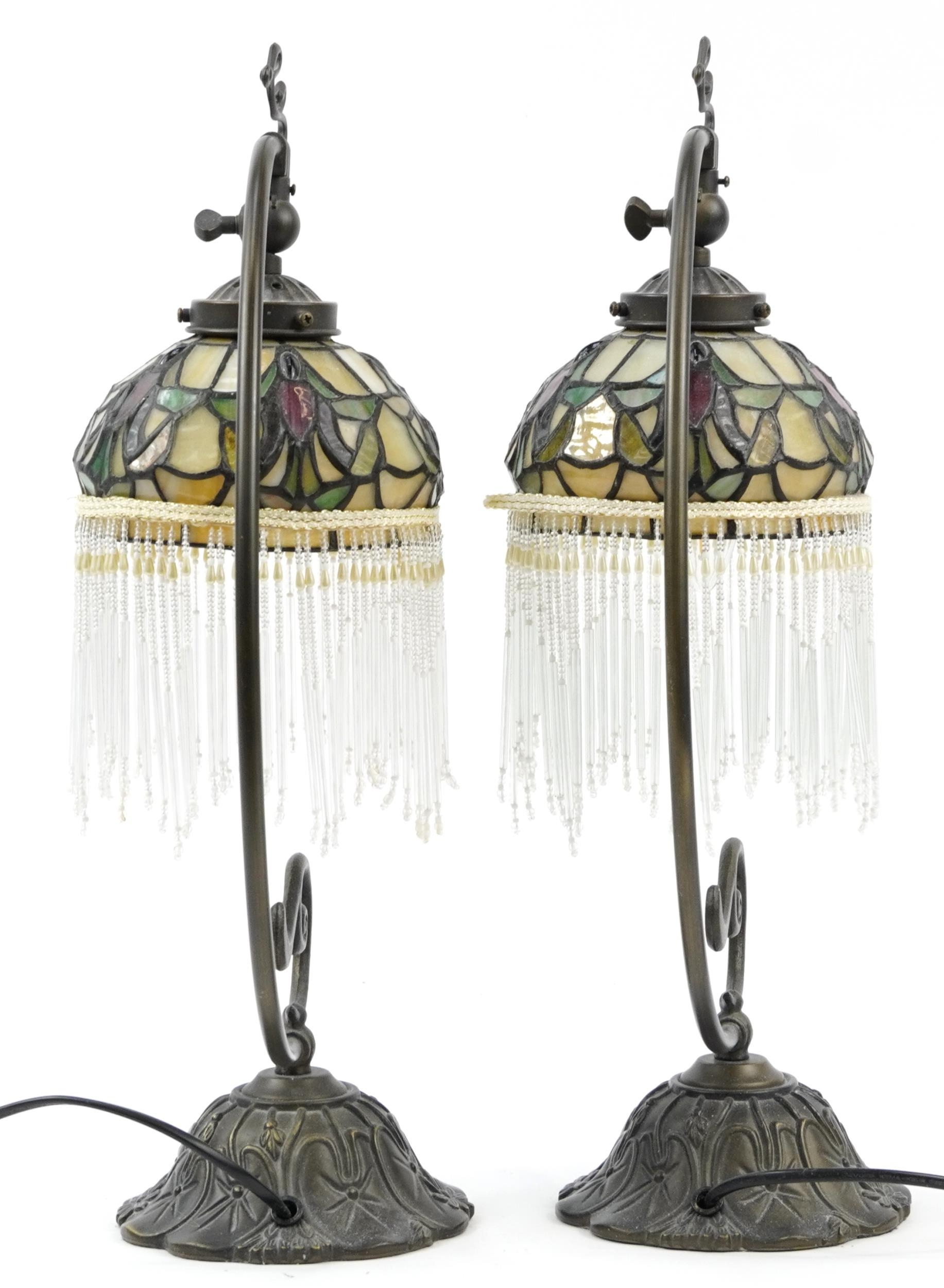 Pair of bronzed Tiffany design table lamps with leaded glass shades and glass drops, 49cm high : For - Image 2 of 4