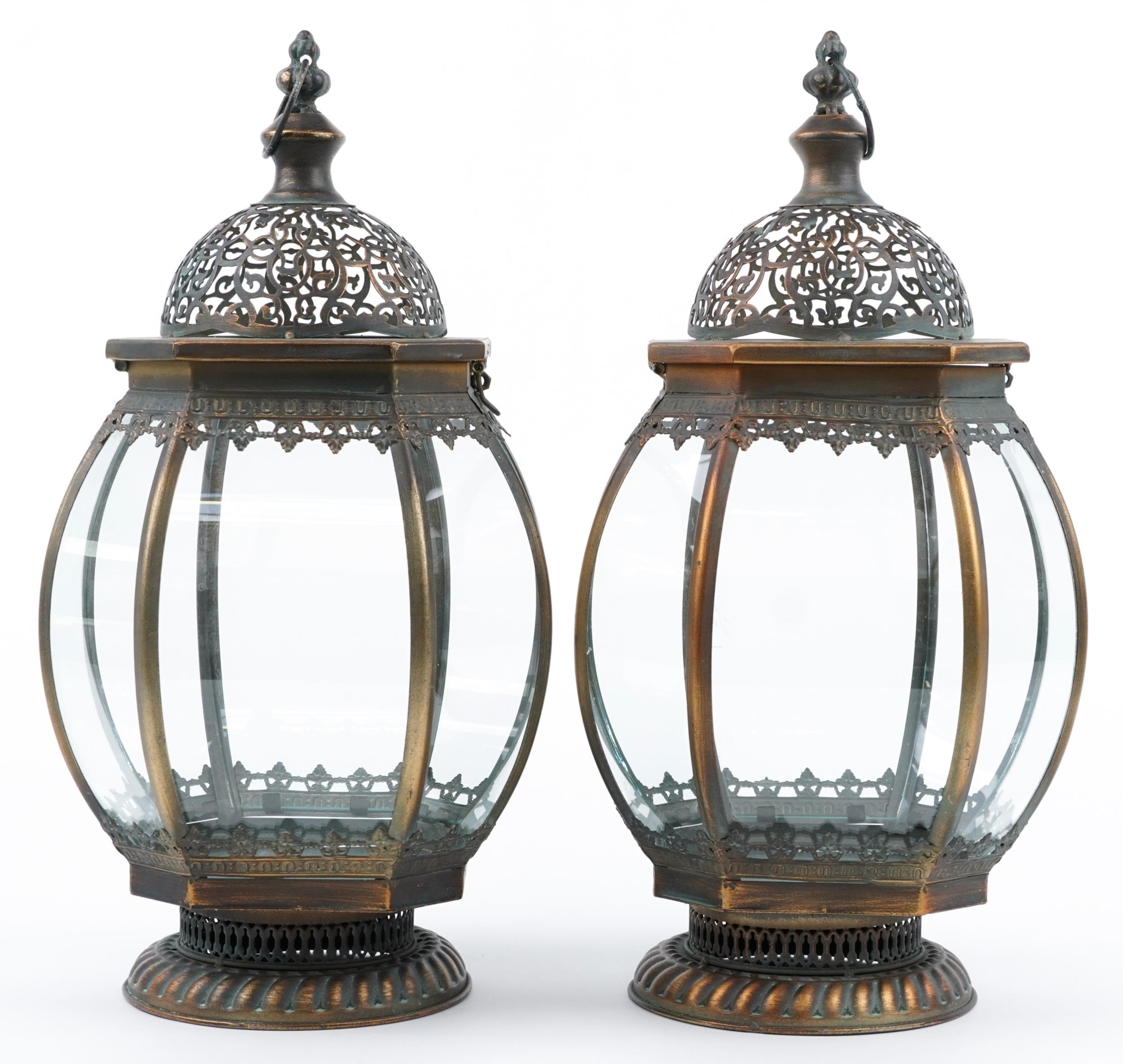 Pair of bronzed metal and glass hanging lanterns, 52cm high : For further information on this lot - Image 2 of 3