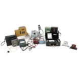 Collection of vintage electrical equipment and two Cowley automatic levels with leather cases from