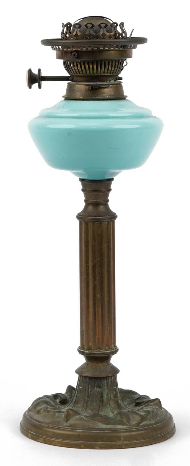Hinks's Duplex No 2, Art Nouveau brass column table lamp with blue opaline reservoir, 41cm high :
