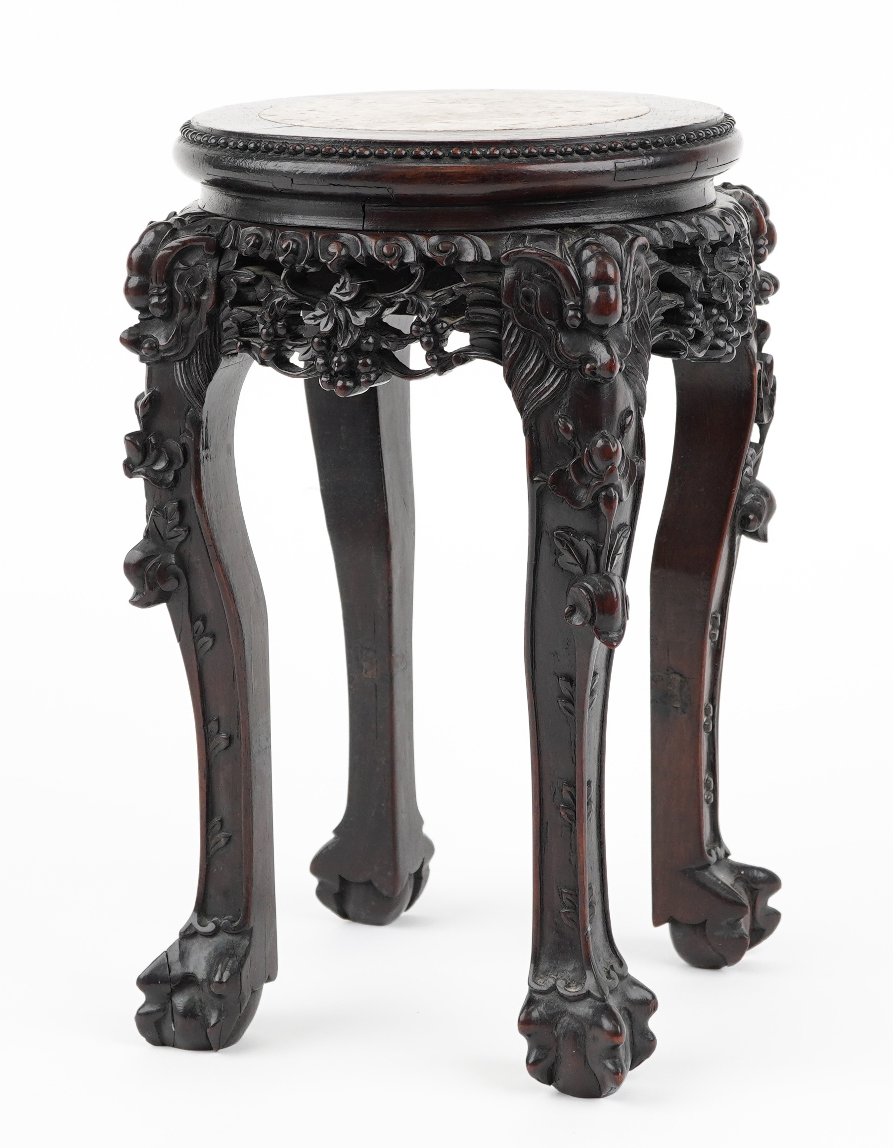 Chinese hardwood vase stand with inset marble top finely carved with mythical faces and foliage, - Image 3 of 5