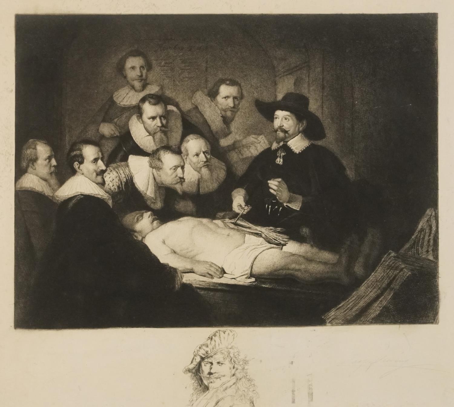 After Rembrandt van Rijn - The Anatomy Lesson, print in colour with ink self portrait sketch of