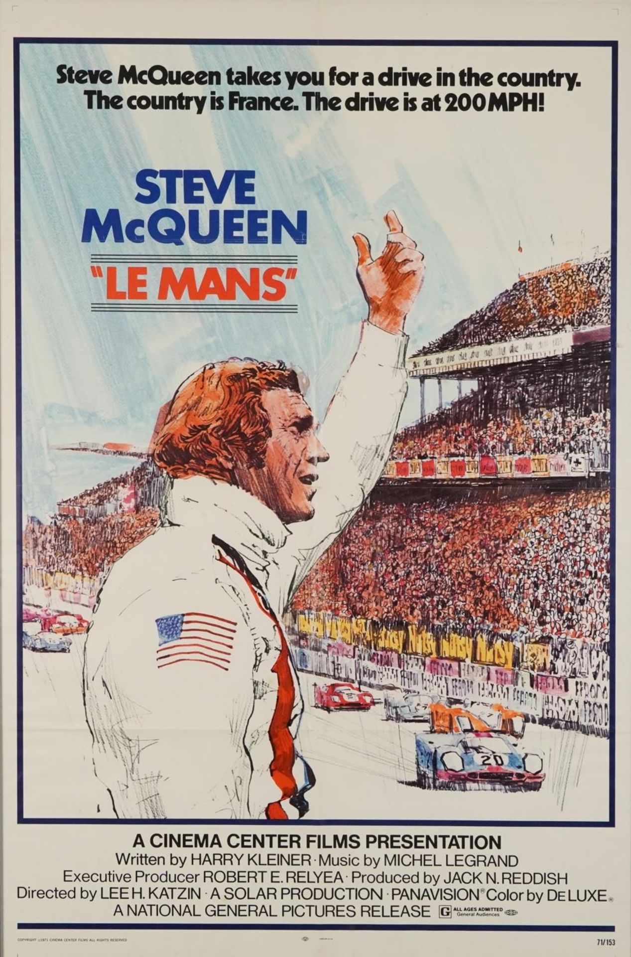 Steve McQueen interest Le Mans film poster, copyright 1971 Cinema Centre Films, USA, framed and