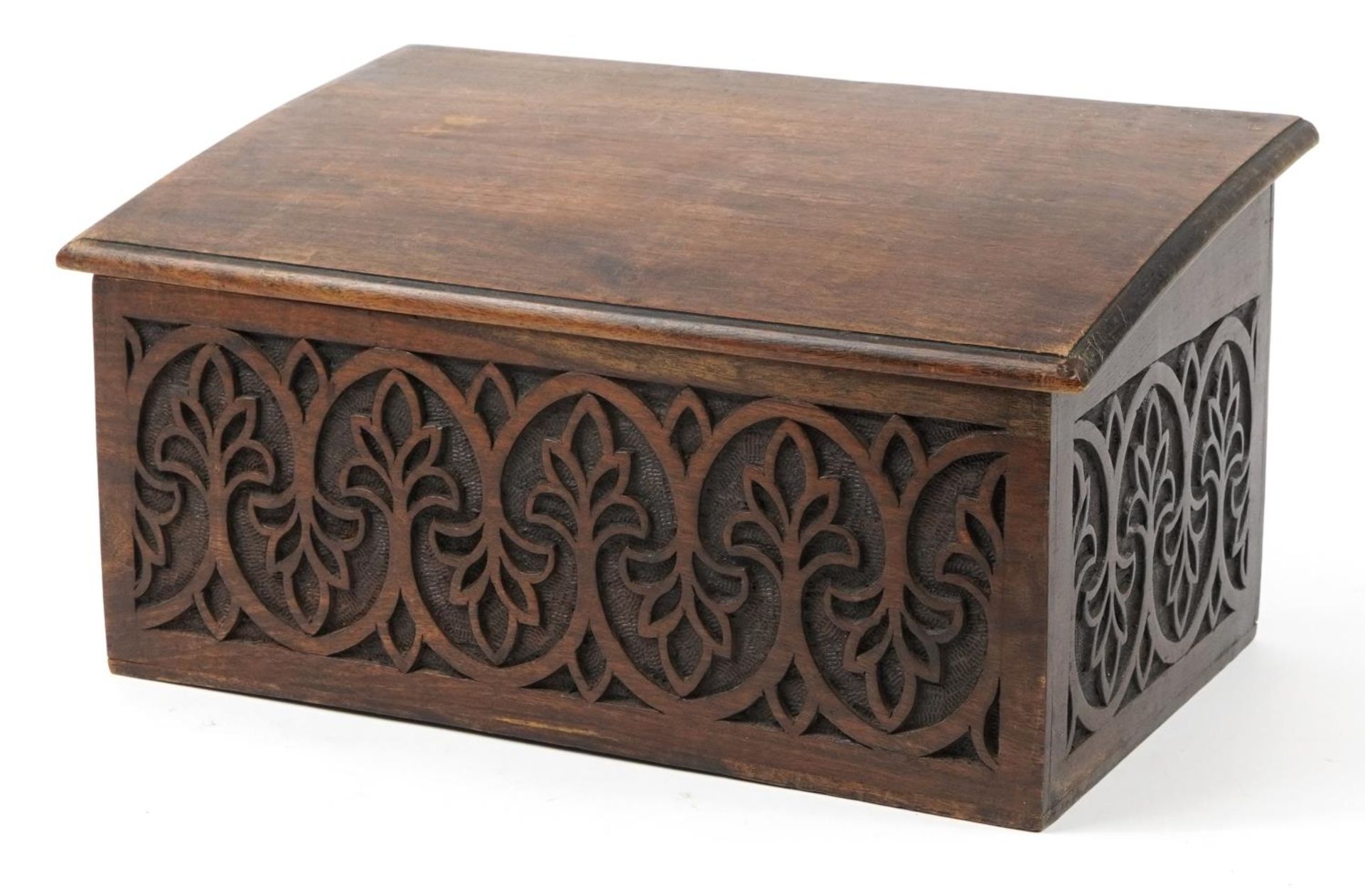 Hardwood bible box carved with flowers, 23cm H x 43.5cm W x 26cm D : For further information on this