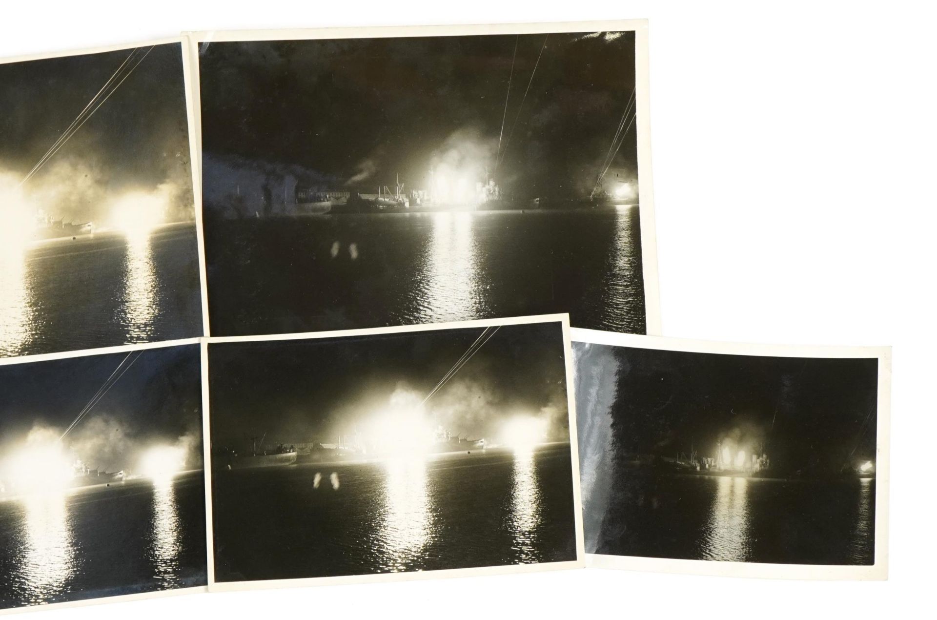 Six British military World War II naval photographs of ship explosions, each with Ministry of - Image 3 of 6