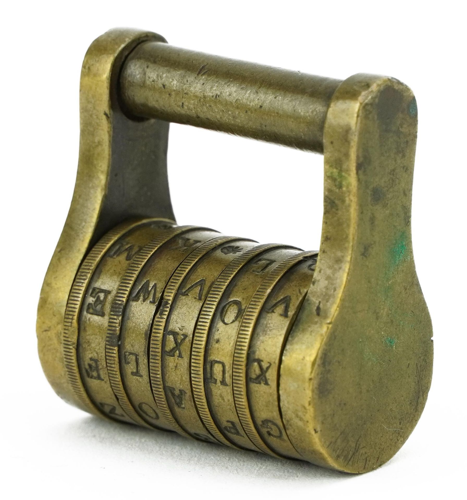 Antique brass five combination letter padlock, 3.5cm wide : For further information on this lot - Image 2 of 3