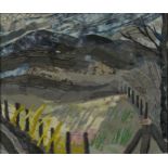 Juliet Wheeler - The Peak District, fabric collage, label verso, mounted, framed and glazed, 45cm