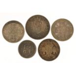 George III and later silver coinage including 1816 shilling, 1889 half crown and 1887 florin, 52.
