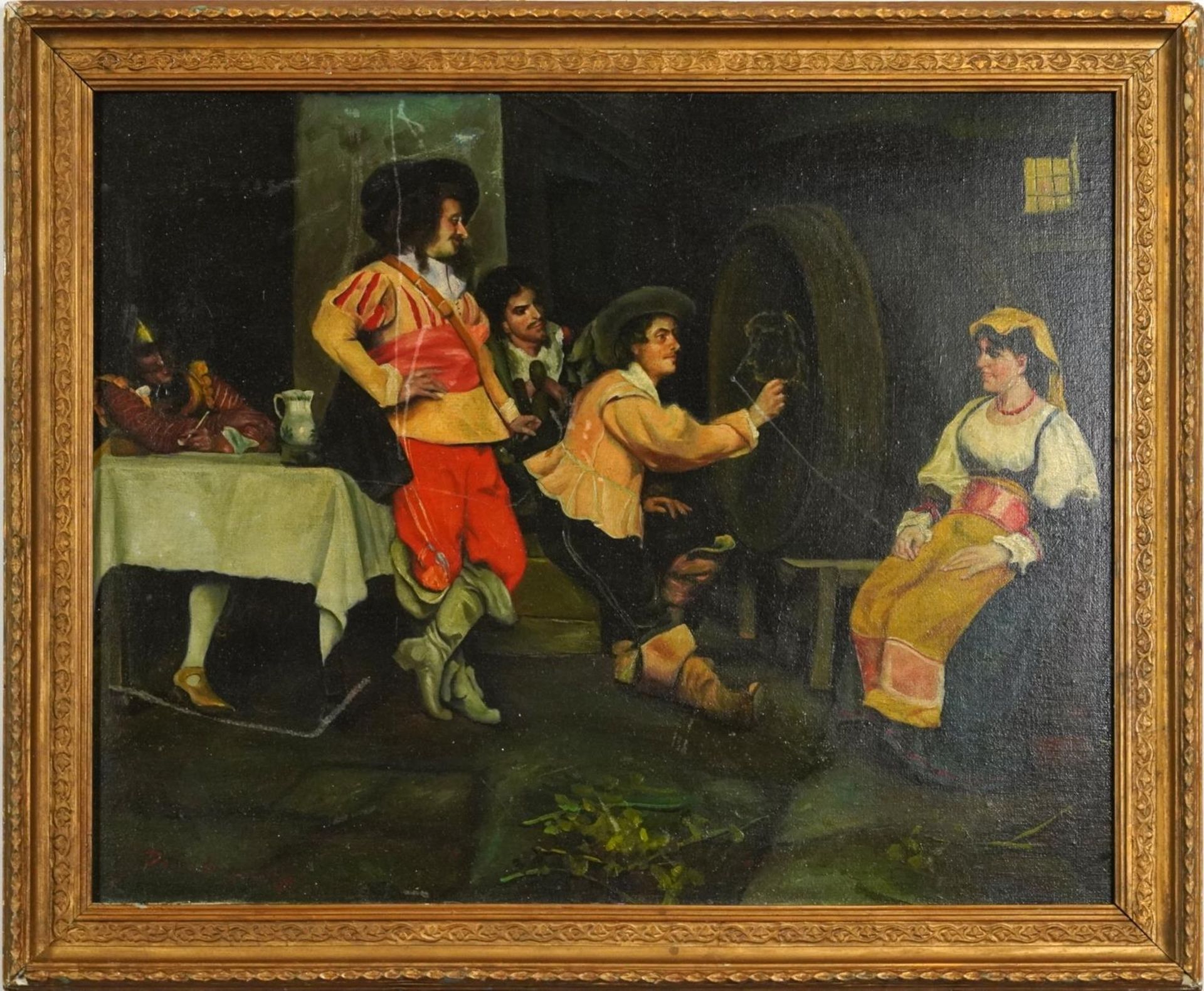 Tavern scene with Cavaliers, Old Master style oil on board, mounted and framed, 54cm x 42.5cm - Image 2 of 4
