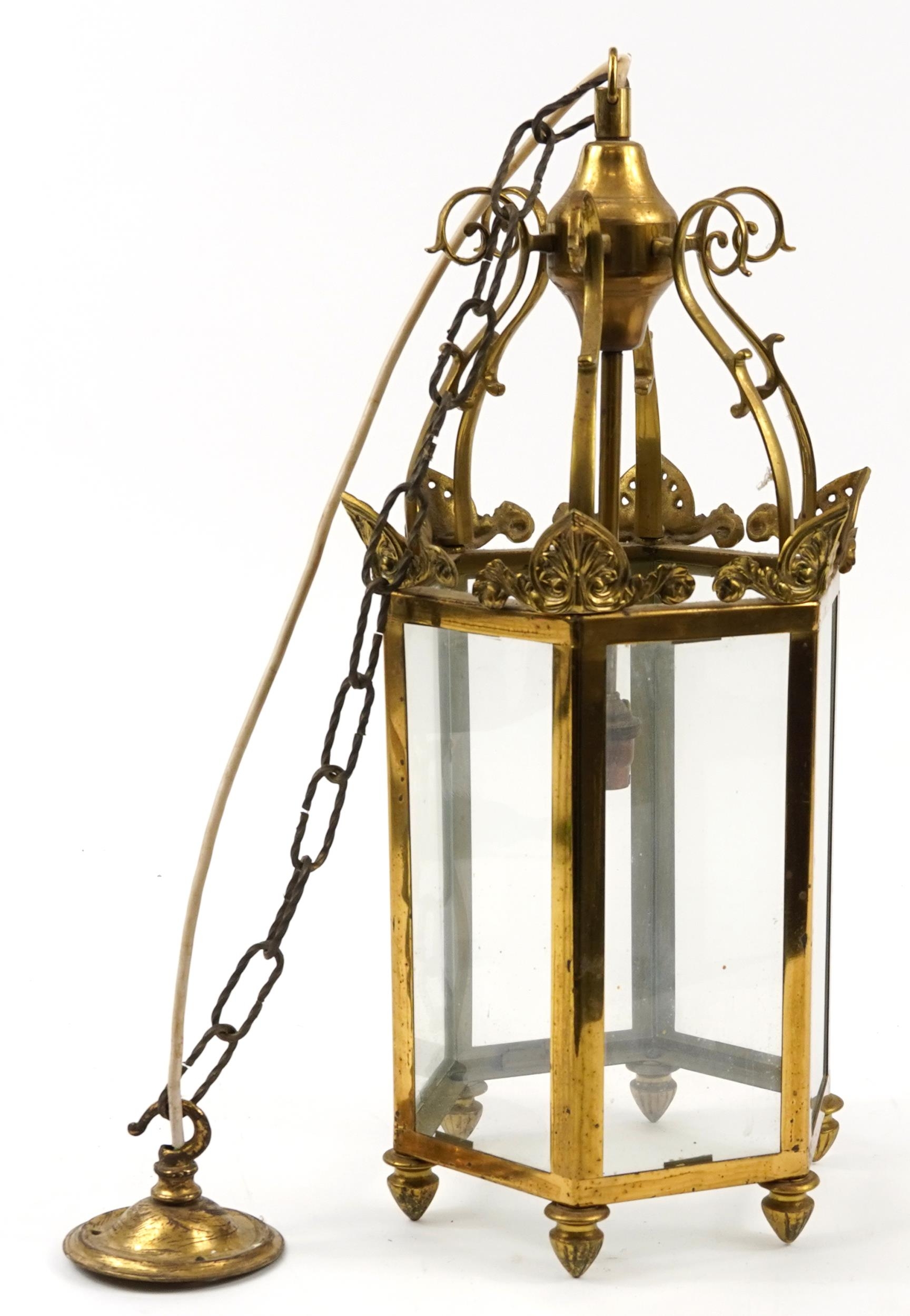 Vintage hexagonal brass and glass hanging lantern, 53cm high : For further information on this lot - Image 3 of 3