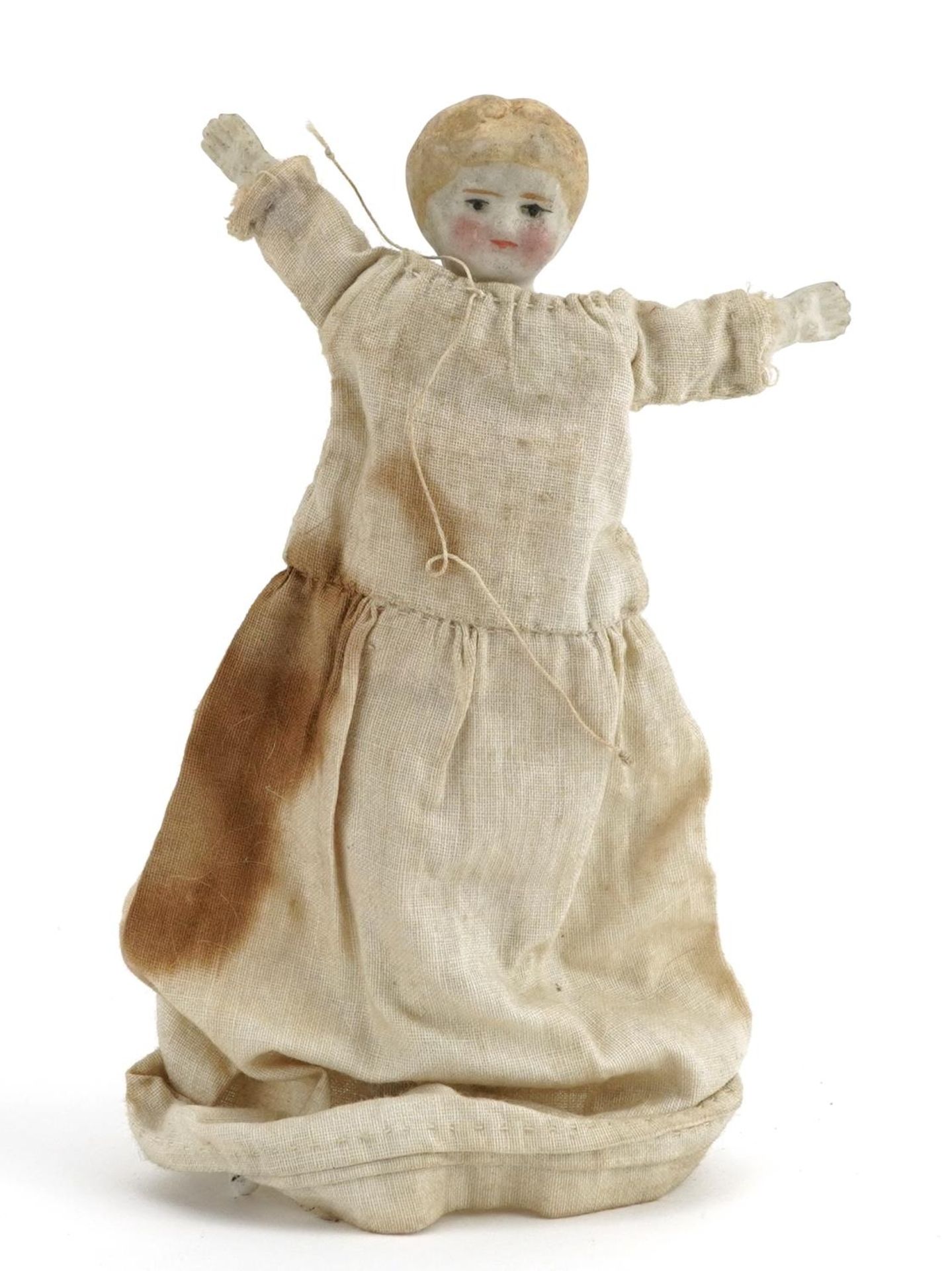 19th century bisque headed doll with cloth body, 12cm high : For further information on this lot