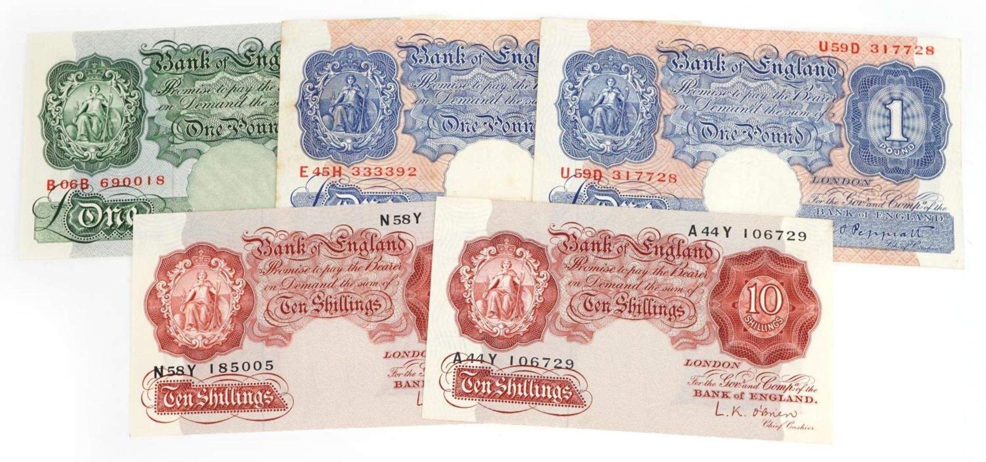 Four Bank of England banknotes including two K O Peppiatt Emergency one pounds and L K O'Brien ten