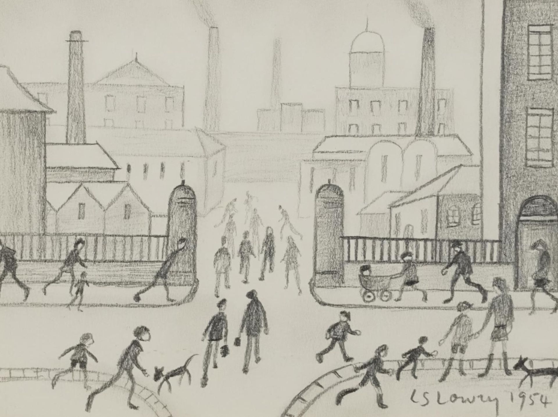 Manner of Laurence Stephen Lowry - Industrial scene with figures, Manchester school pencil, mounted,