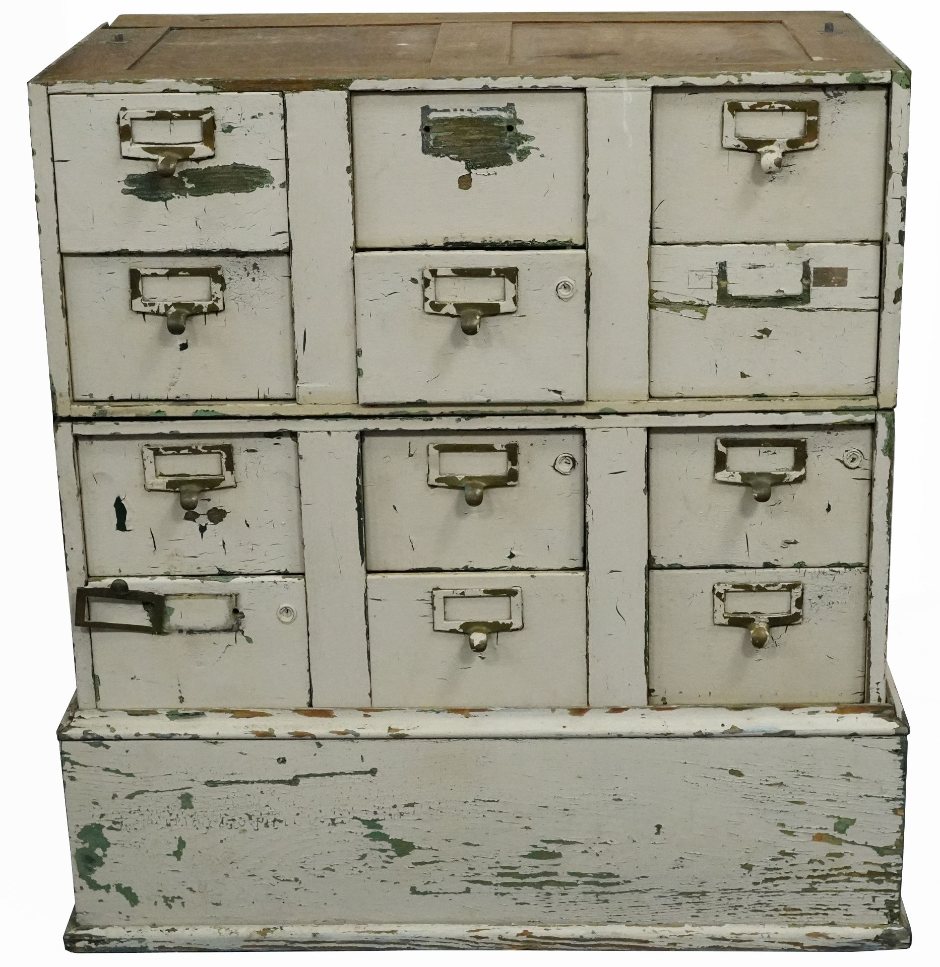 Vintage half painted wood two section haberdashery chest with twelve drawers, 93cm H x 84.5cm