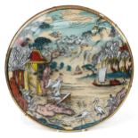 Circular convex glass panel decorated in the chinoiserie manner with a Geisha beside water with