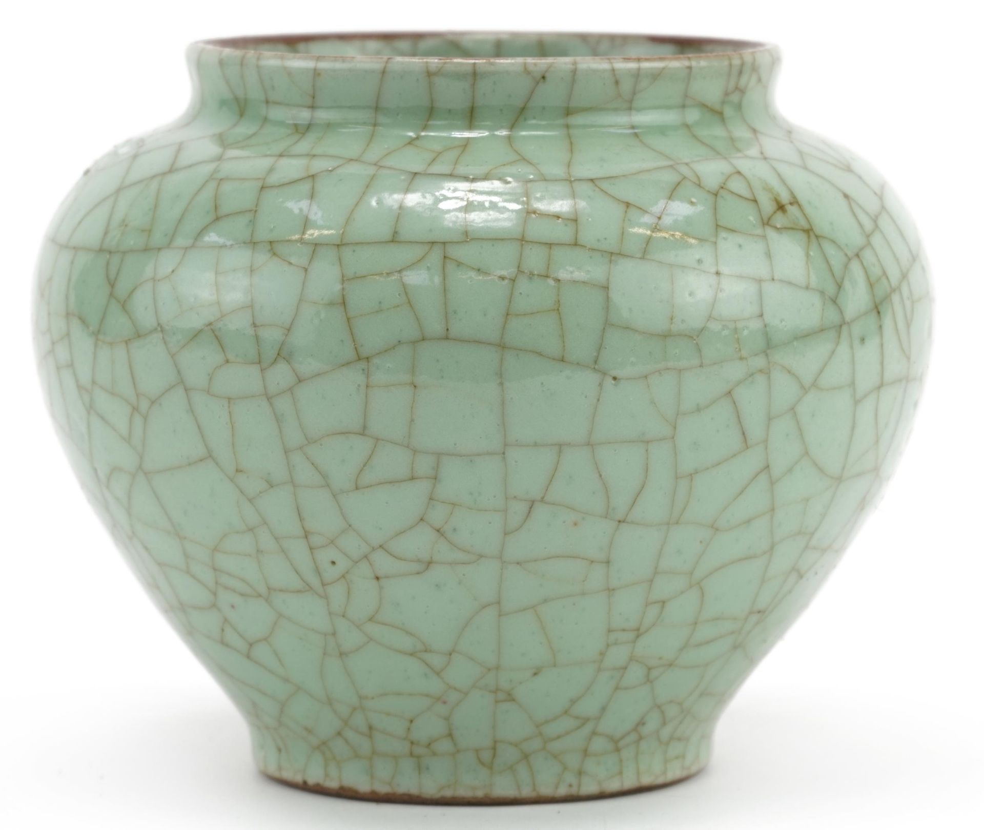 Chinese porcelain Ge ware type vase having a green crackle glaze, 12cm high : For further