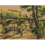 Canal scene with boats and bridge, ink and watercolour, indistinctly signed, mounted, framed and