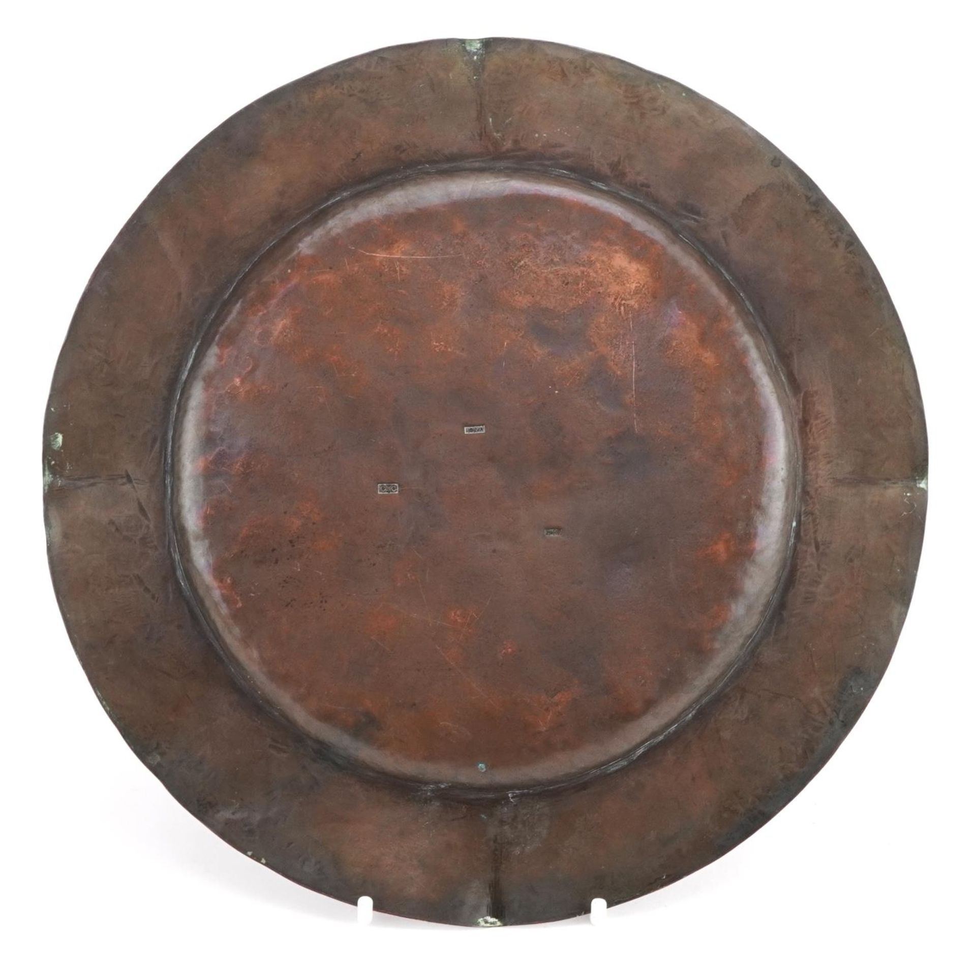 Iona, Arts & Crafts copper dish with applied silver medallions, 23cm in diameter : For further - Image 2 of 3
