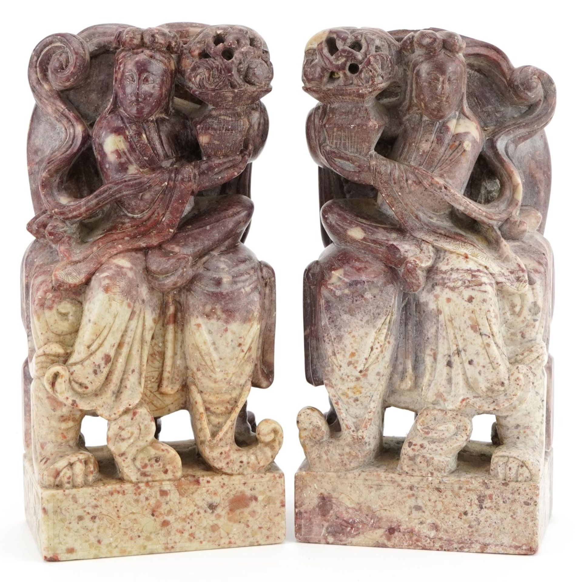 Good pair of Chinese soapstone bookends, each finely carved with a Guanyin on an elephant and