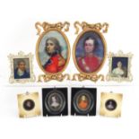 Four pairs of framed portrait miniatures including gentlemen in military dress, the largest