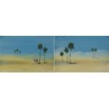 M Bey - Desert landscapes with Arabs and camel, pair of signed gouaches, each mounted, framed and