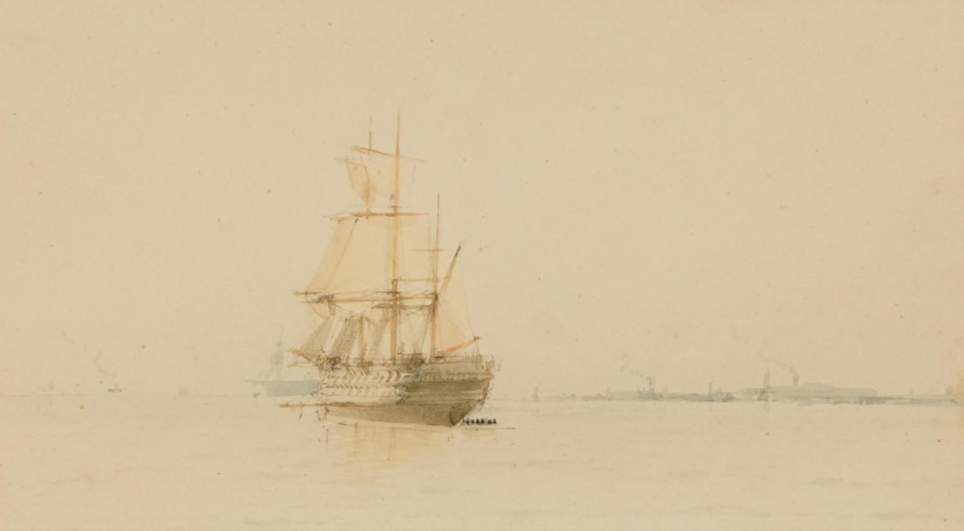 Ship on line at anchor, 19th century watercolour, inscribed verso, mounted, framed and glazed,