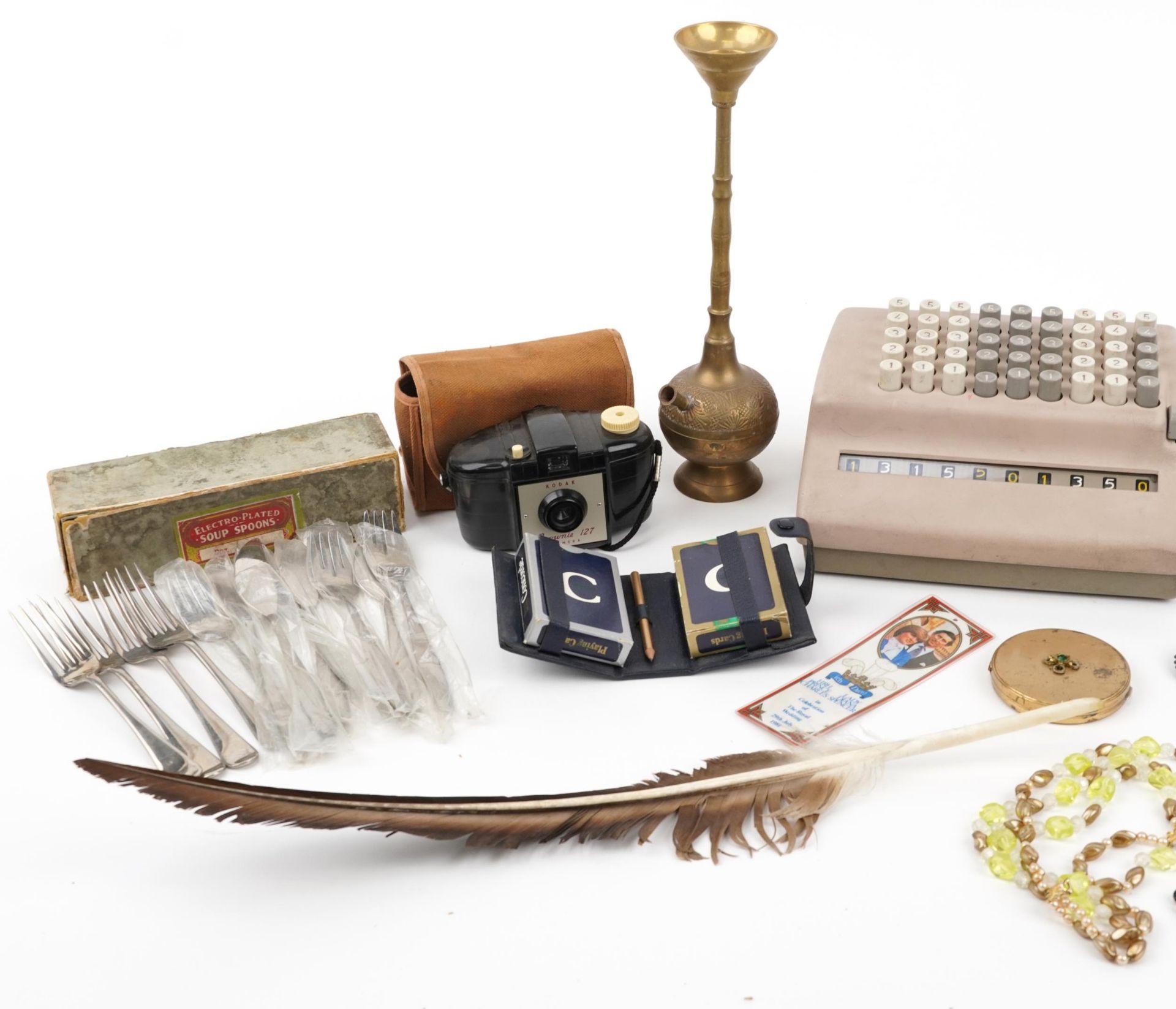 Sundry items including a vintage Plus calculator, hip flasks, costume jewellery, pocket watch and - Image 2 of 3