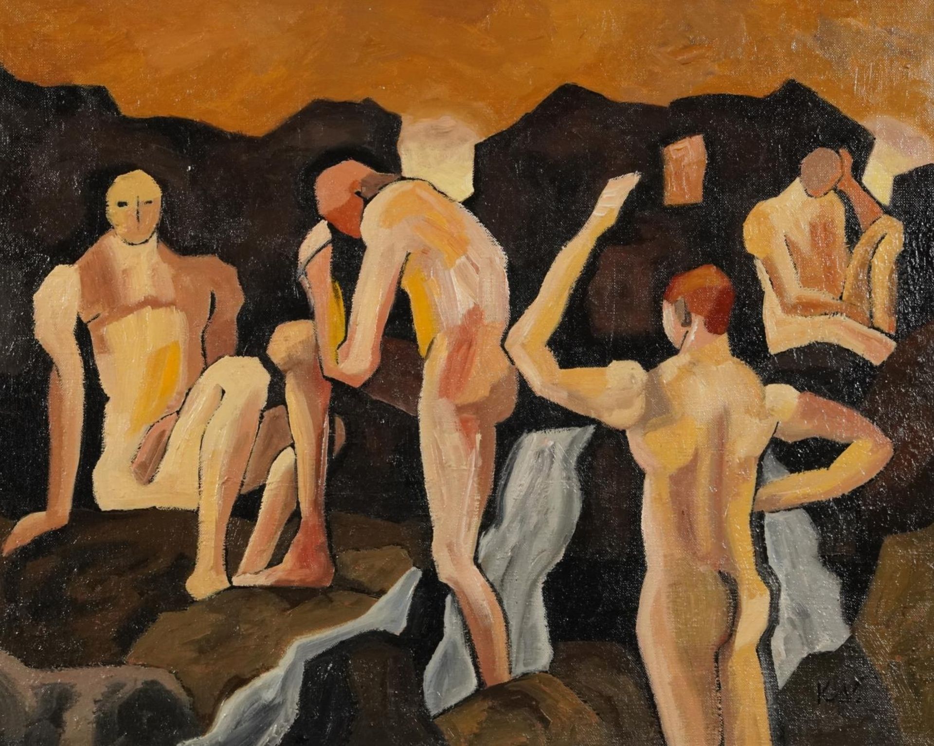 After Keith Vaughan - Figures bathing, Irish school oil on canvas, mounted and framed, 49cm x 39cm