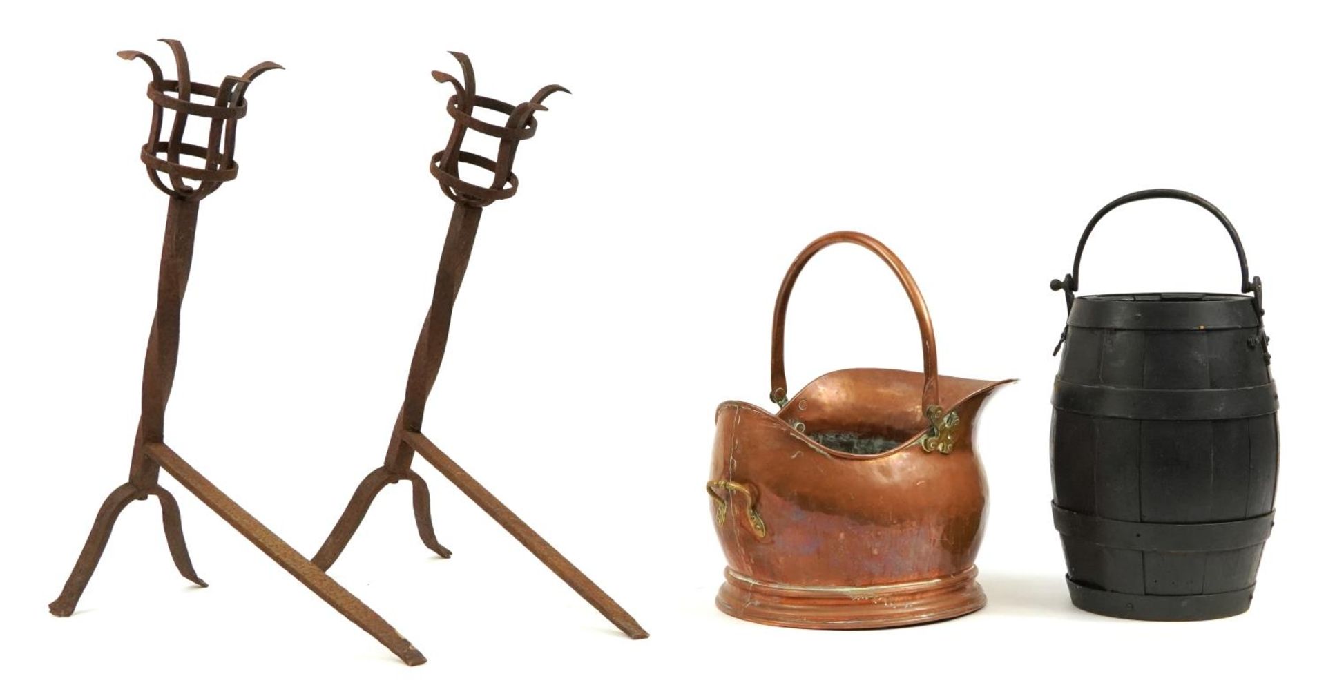 Victorian copper coal scuttle with swing handle, pair of cast iron firedogs and a metal bound - Image 2 of 2