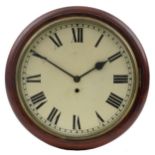 Victorian mahogany fusee wall clock with circular dial having Roman numerals, 37.5cm in diameter :