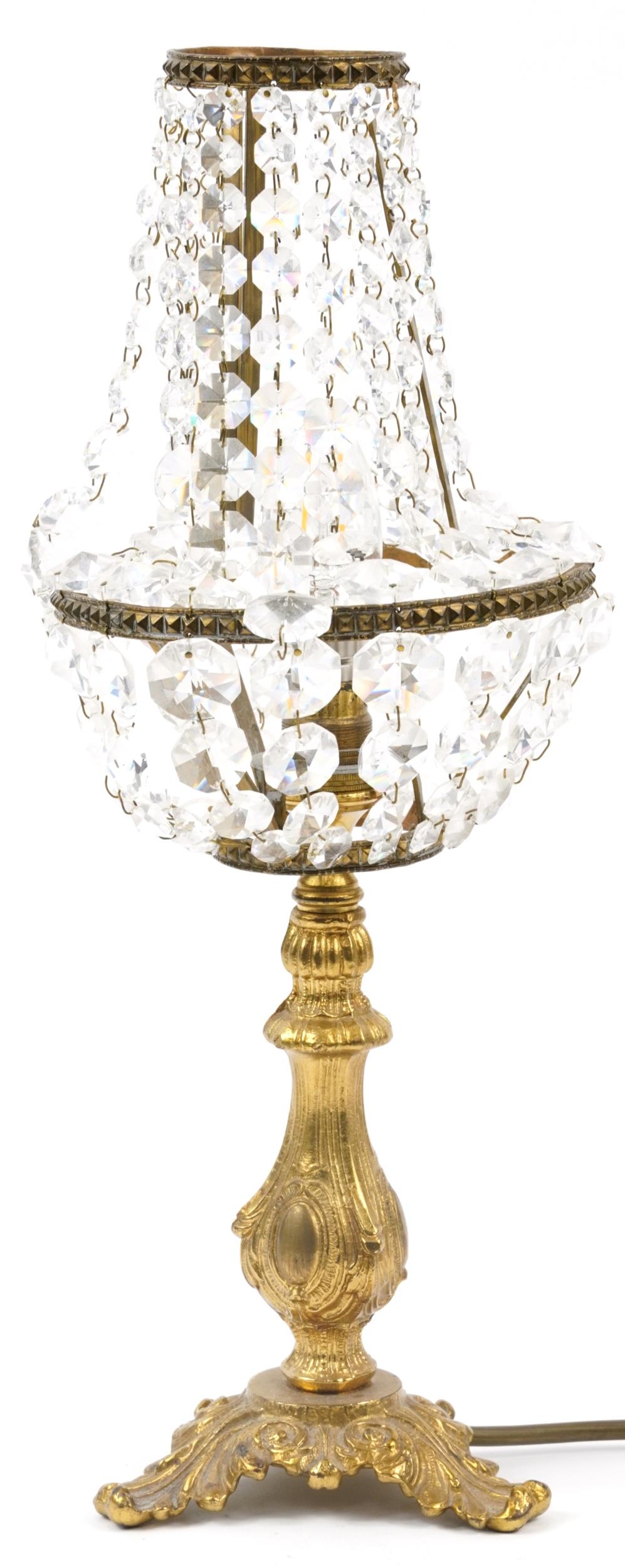 Ornate gilt metal table lamp with cut glass shade, 43cm high : For further information on this lot