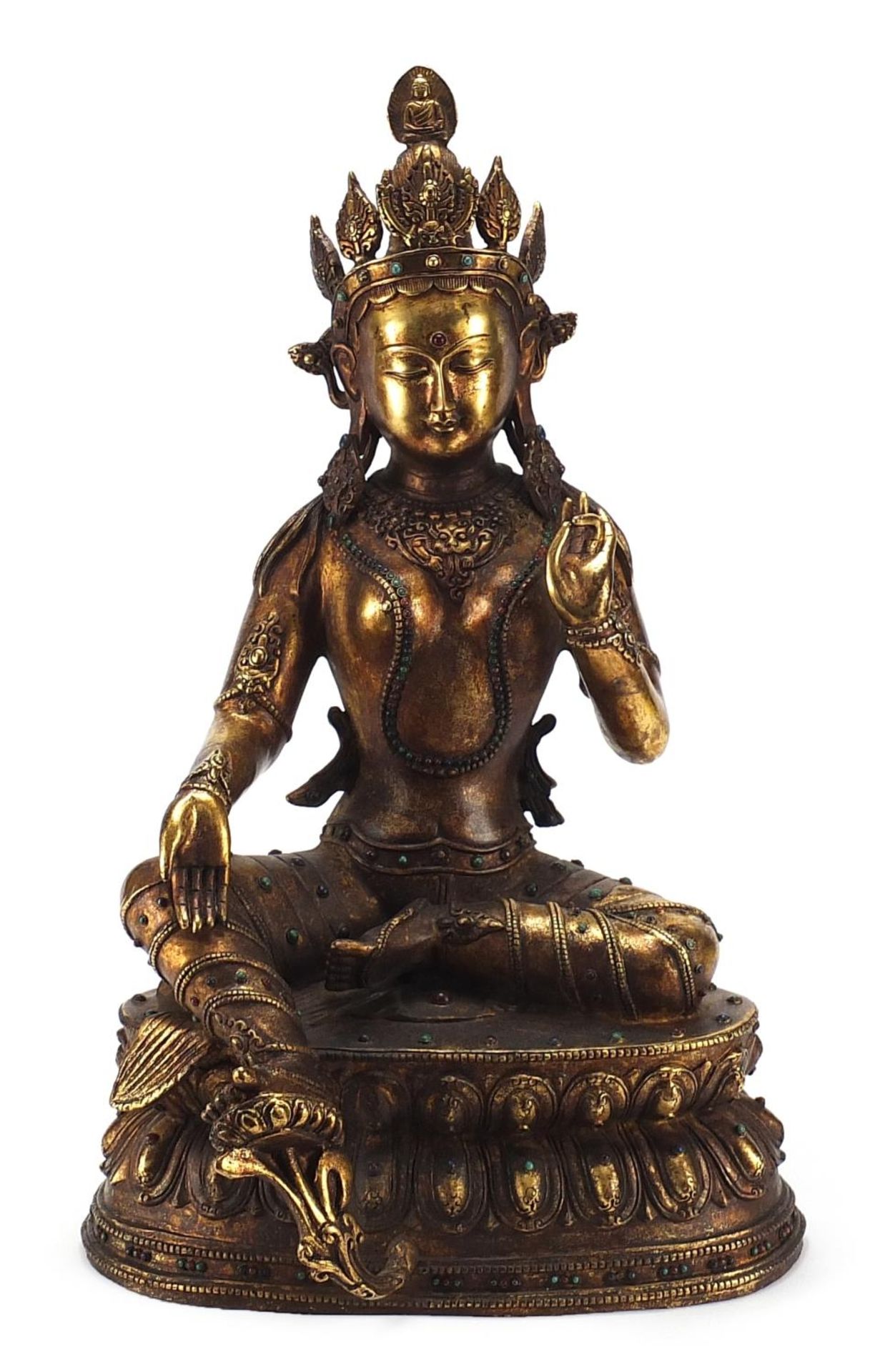 Large Chino Tibetan gilt bronze and jewelled figure of seated Buddha, 50cm high : For further