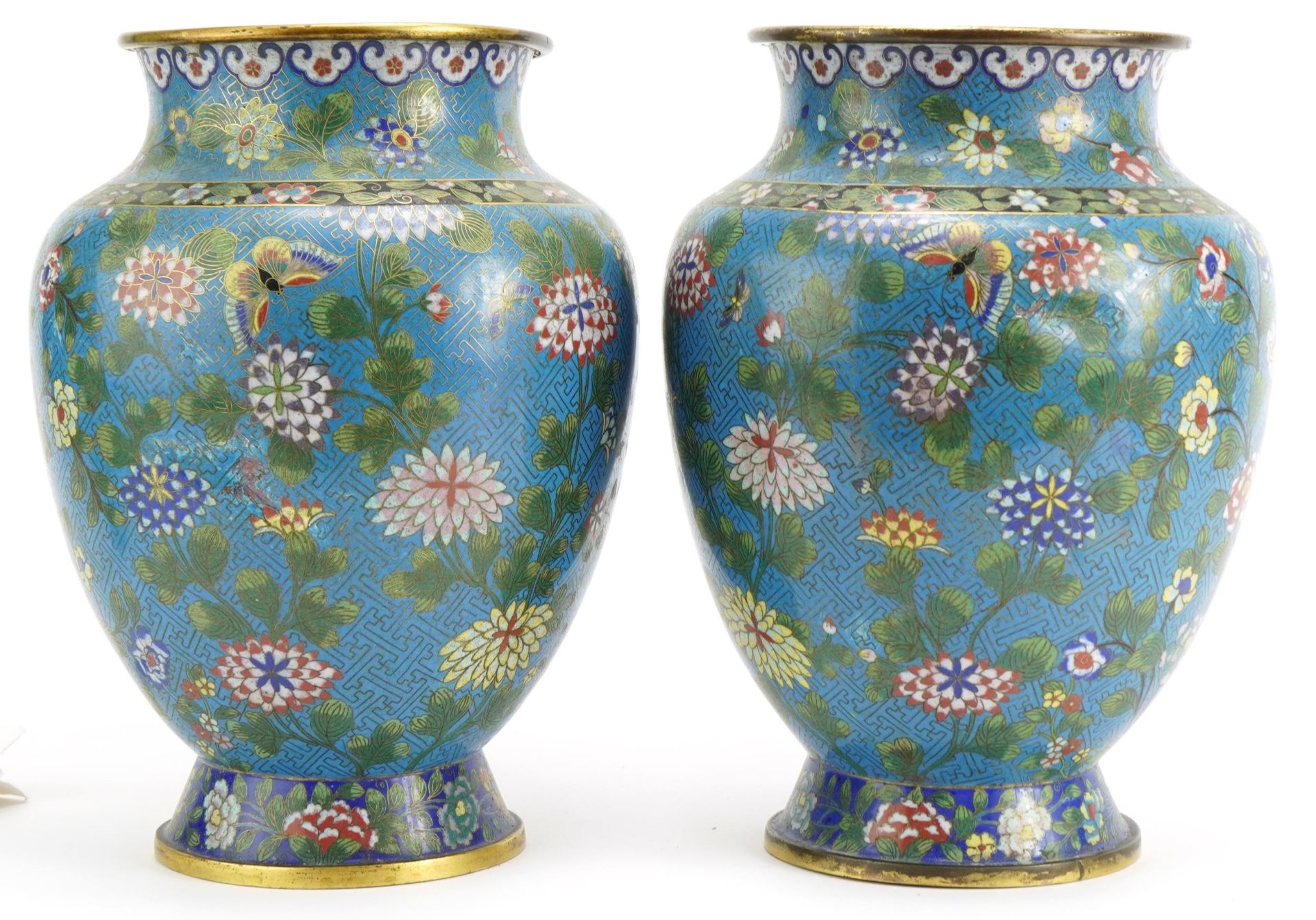 Pair of Chinese cloisonne vases finely enamelled with flowers and foliage, each 28.5cm high : For - Image 2 of 3