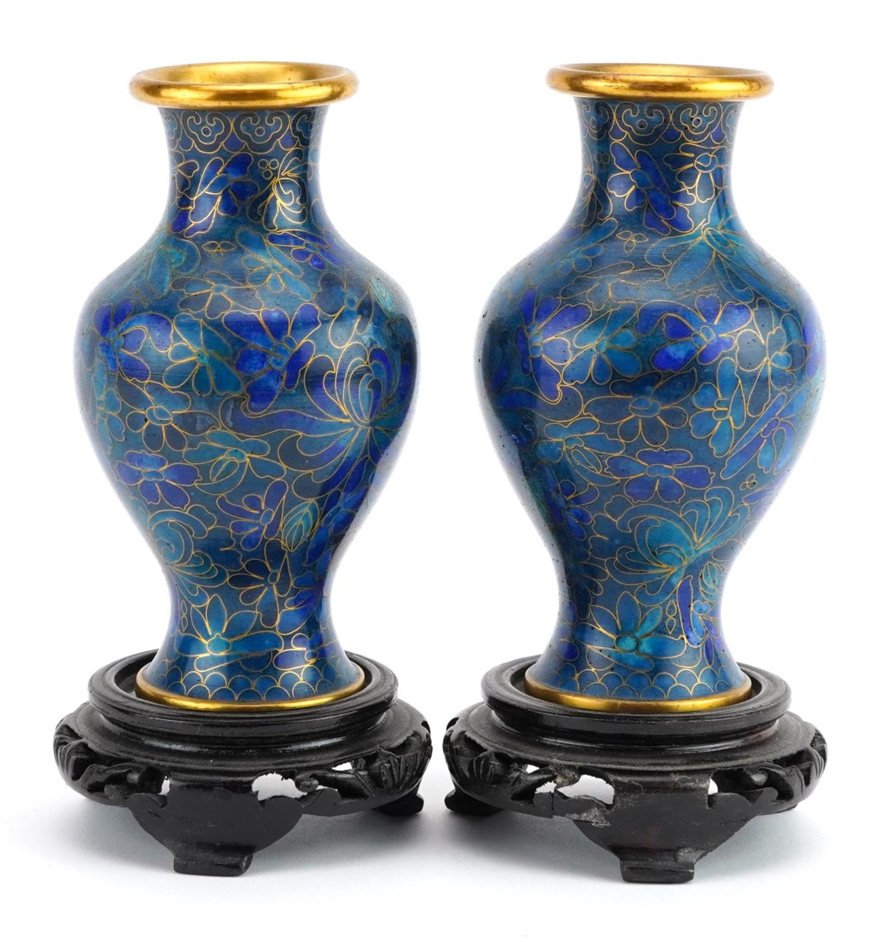 Pair of Chinese cloisonne vases raised on hardwood stands enamelled with flowers, each overall - Image 2 of 3